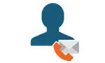 Icon of a persons head with a mail envelope and phone graphics