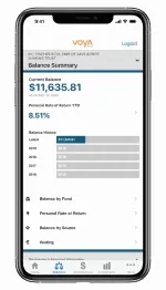 Voya Retire mobile app balance screen on an iPhone device
