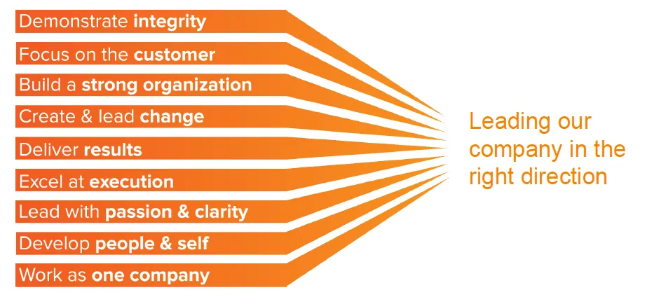 Orange chart of Voya's leadership model. From top to bottom: demonstrate integrity, focus on the customer, build a strong organization, create and lead change, deliver results, excel at execution, lead with passion and clarity, develop people and self, work as one company.