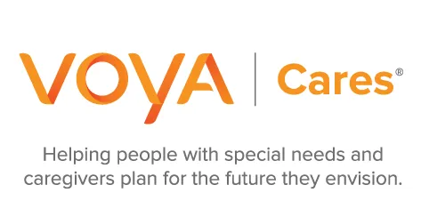 Orange logo for Voya Cares. Helping people with special needs and caregivers plan for the future they envision.