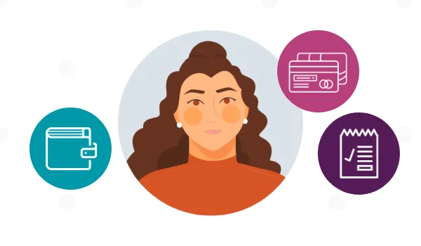 graphic image of woman who is concerned about her financial health, surrounded by 3 icons depicting financial wellness


