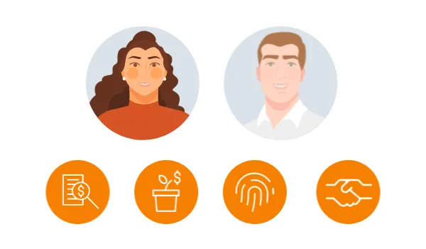 Graphic of man and woman, and icons, representing financial wellness