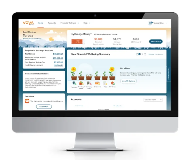Screen shot of upgraded Voya online participant retirement experience.