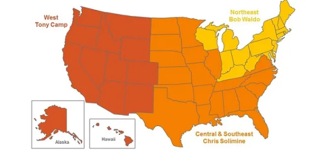 A map shaded orange and yellow signifying regional sales repsentatives for Voya Stable Value. 
