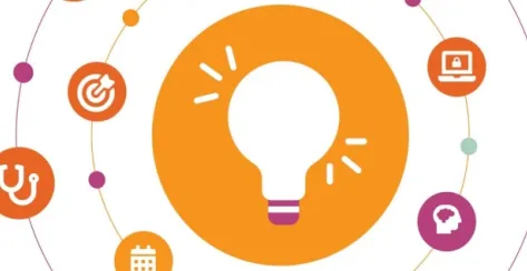 Large light bulb icon centered in an orange circle surrounded by small decorative icons and circles